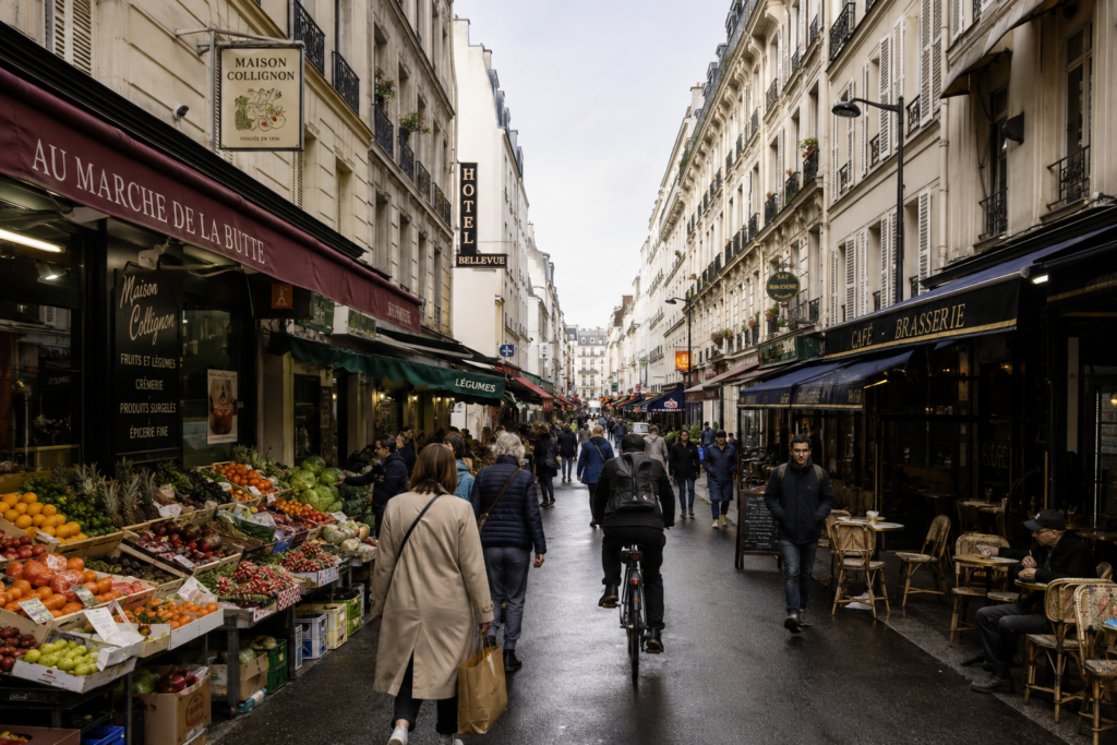 La rue Daguerre, une rue commerçante emblématique du 14e arrondissement de Paris, connue pour ses commerces de bouche, ses cafés et son ambiance de village.