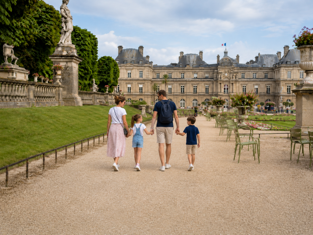 Family walking through the Jardin du Luxembourg in Paris