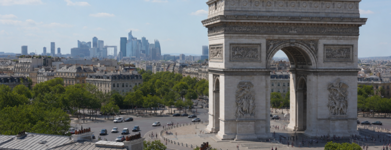 Vue de l'Arc de Triomphe et du quartier de l'Étoile à Paris, avec le quartier de La Défense en arrière-plan